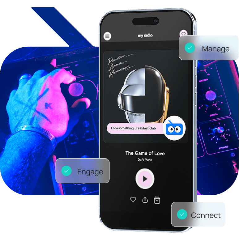 Illustration of a mobile phone showing a feature with audio player for live streaming