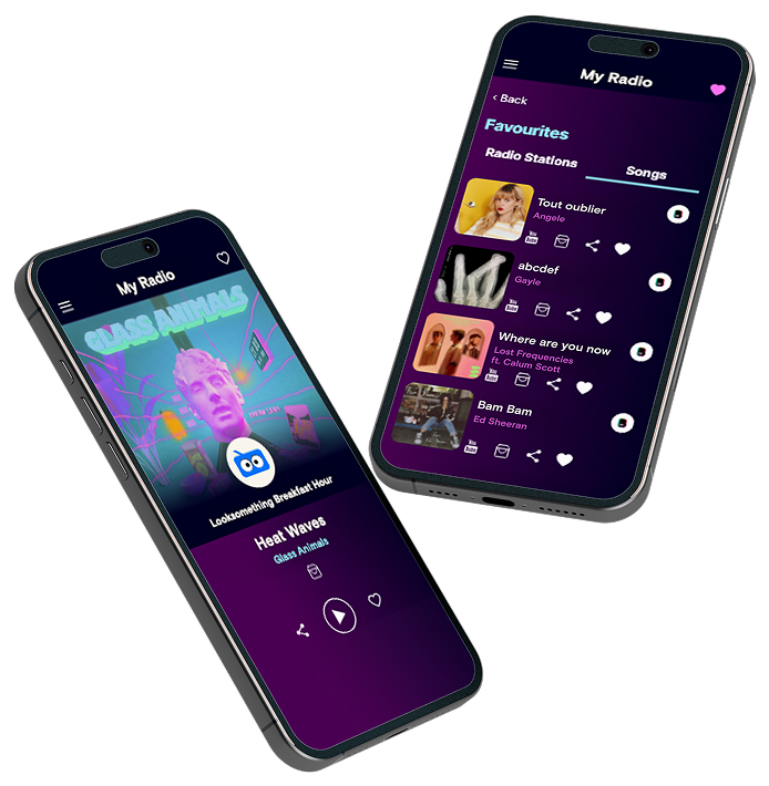 Two phones displaying a mobile app of Looksomething for radio stations