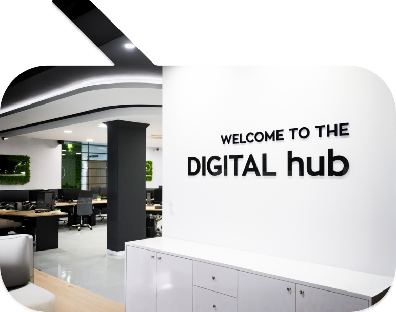 3ds office entryway with a phrase ''Welcome to the digital hub'' on the wall
