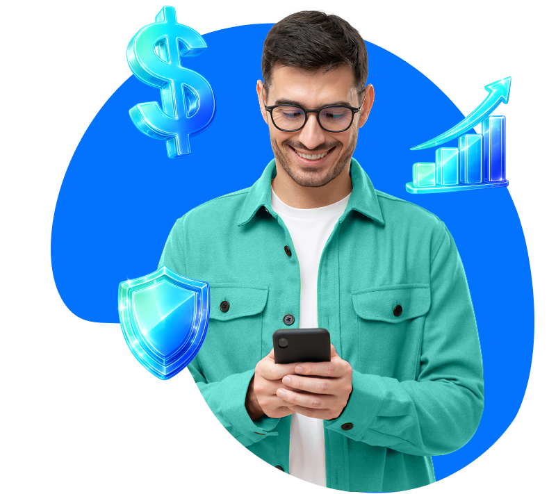 Smiling person surrounded by icons representing partnership benefits