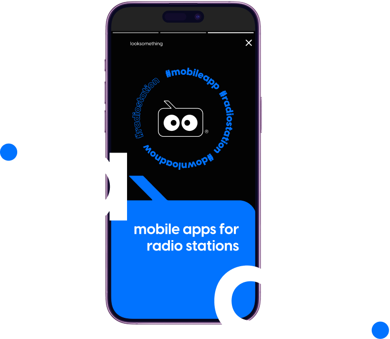 illustration of a mobile phone showing logo of looksomething and sloga to create online radio apps